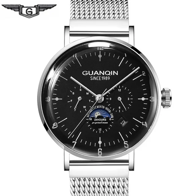 Silver black Модные многофункциональные механические мужские часы GUANQIN, автоматические мужские часы с календарем, 3D зеркало изогнутой формы, Миланский ремешок, фаза Луны - Цвет: Silver black