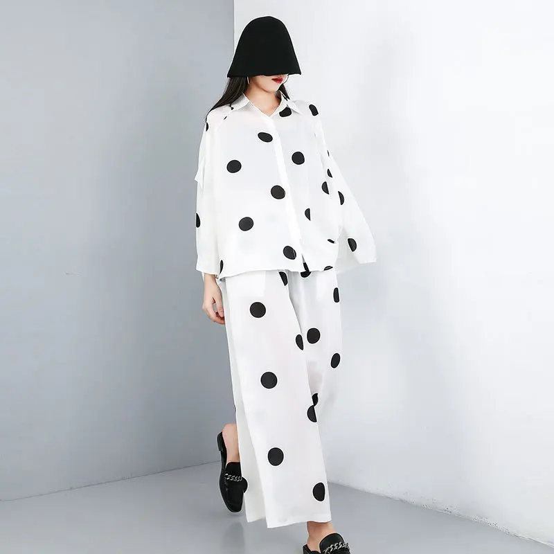

TVVOVVIN 2020 New Summer Fashion Women Clothes Turn-down Collar Batwing Sleeves Polka Dots Loose Shirt And Loose Pants Set V592