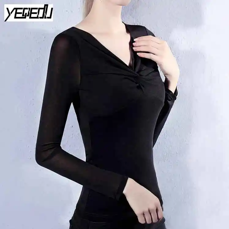 #3811 сплошной цвет Футболка глубокий v-образным вырезом Sexy большой stretch весна/осень