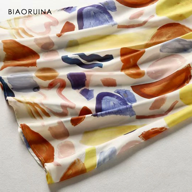 BIAORUINA Женская атласная винтажная юбка с принтом граффити разрезом сбоку на