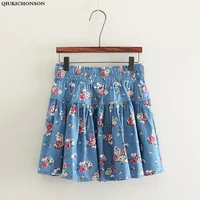 spring summer floral skirt women 2018 new fashion mori girl casual elastic waist flower print short summer denim skirts saias