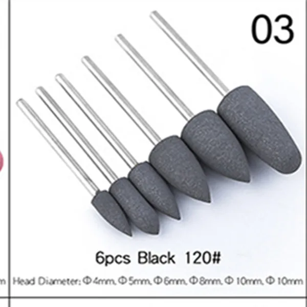 03-6Pcs 6 шт. резиновый кремниевый Фрезер для ногтей, фрезы для маникюра, фрезы для роторных заусенцев, гибкий полировальный станок, электрическая пилка для ногтей, инструменты для дизайна - Цвет: 03-6Pcs