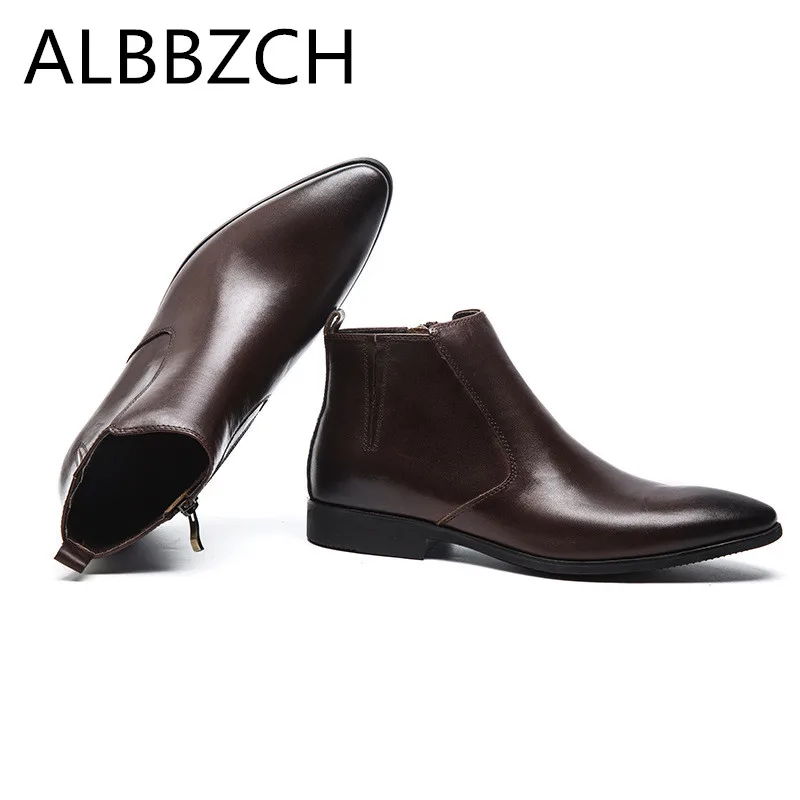 New pointed toe genuine leather men boots autumn winter mens ankle shoes high quality daily work man black brown | Обувь