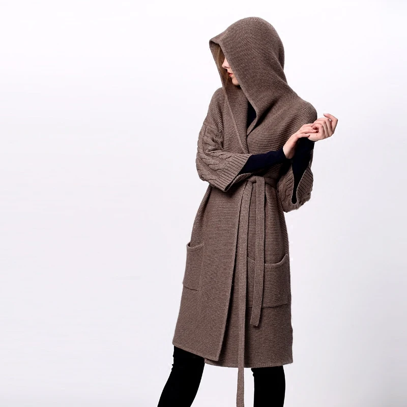 

top grade cashmere wool blends thick knit women boutique hooded sashes long cardigan sweater coat 7th sleeve M/110-L/114