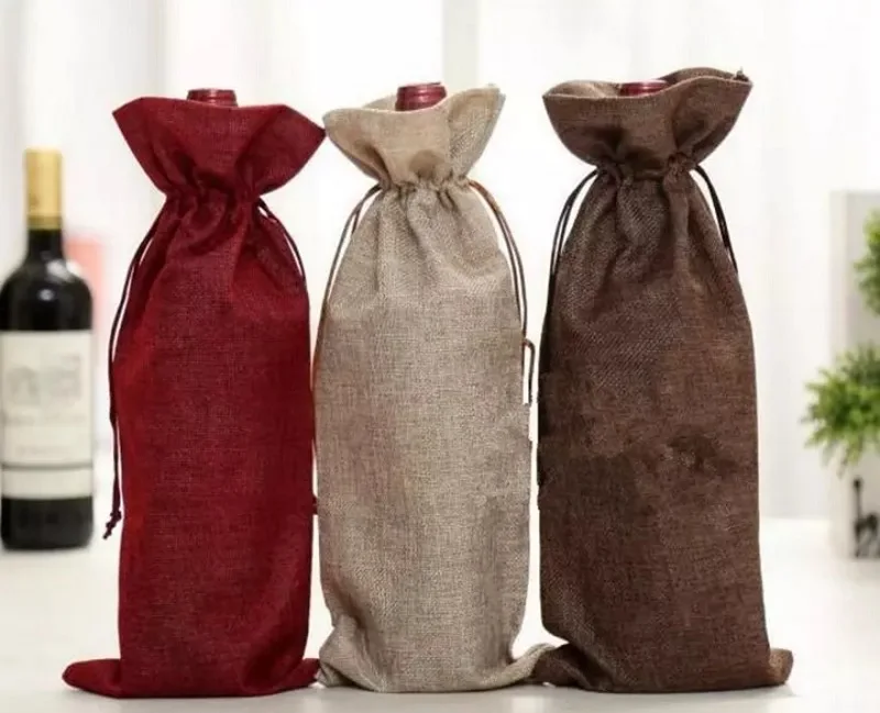 

Jute Wine Bags Champagne Wine Bottle Covers Gift Pouch Wedding Party Decoration Drawstring Packaging Bag