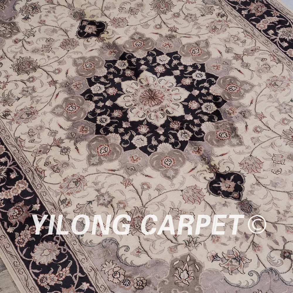 YILONG 4 'x 6' Тебриз шелковый ковер черный и бежевый ручной работы изысканный