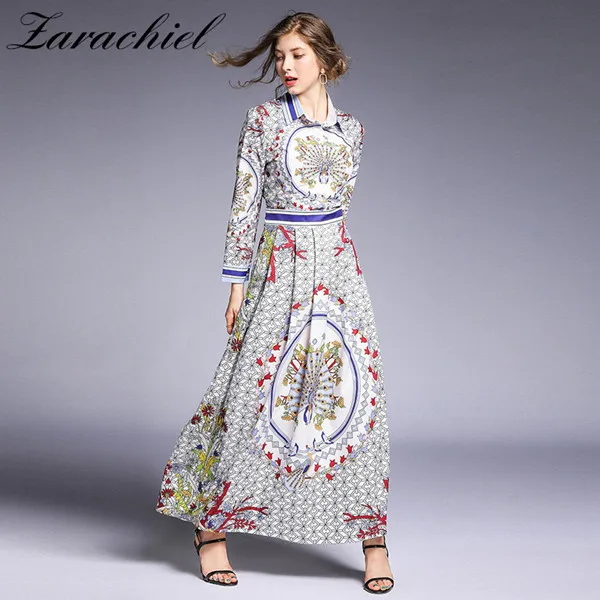 picture color Женское винтажное модельное платье макси, длинное праздничное элегантное платье в полоску, с цветочным принтом и длинным рукавом, осень - Цвет: picture color