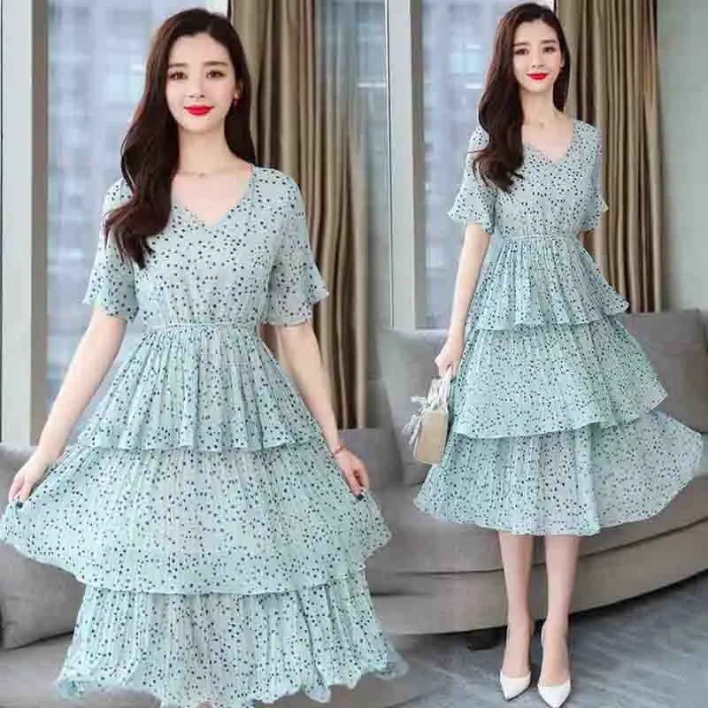 Женское платье 2019 Летняя мода Повседневное горошек печати шифон элегантный
