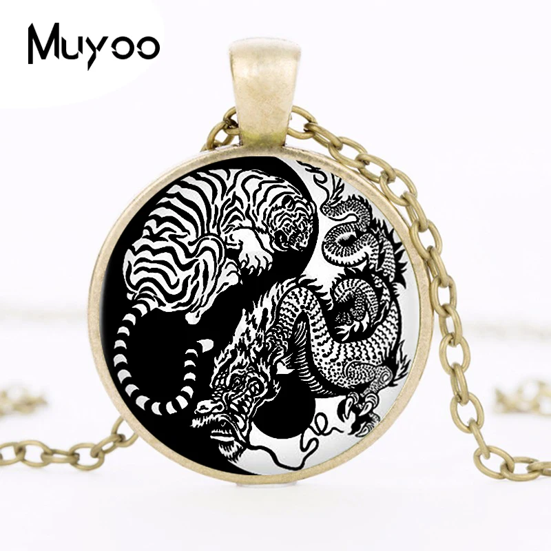 Винтажное ожерелье Yin Yang Dradon и Tiger черная длинная цепочка с кулоном кабошон