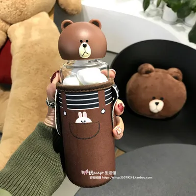 Brown Bearl Ins 300 мл милый мультяшный коричневый медведь Кенни кролик стеклянная бутылка для воды с защитным рукавом теплоизоляция бутылки чайник - Цвет: Brown Bearl
