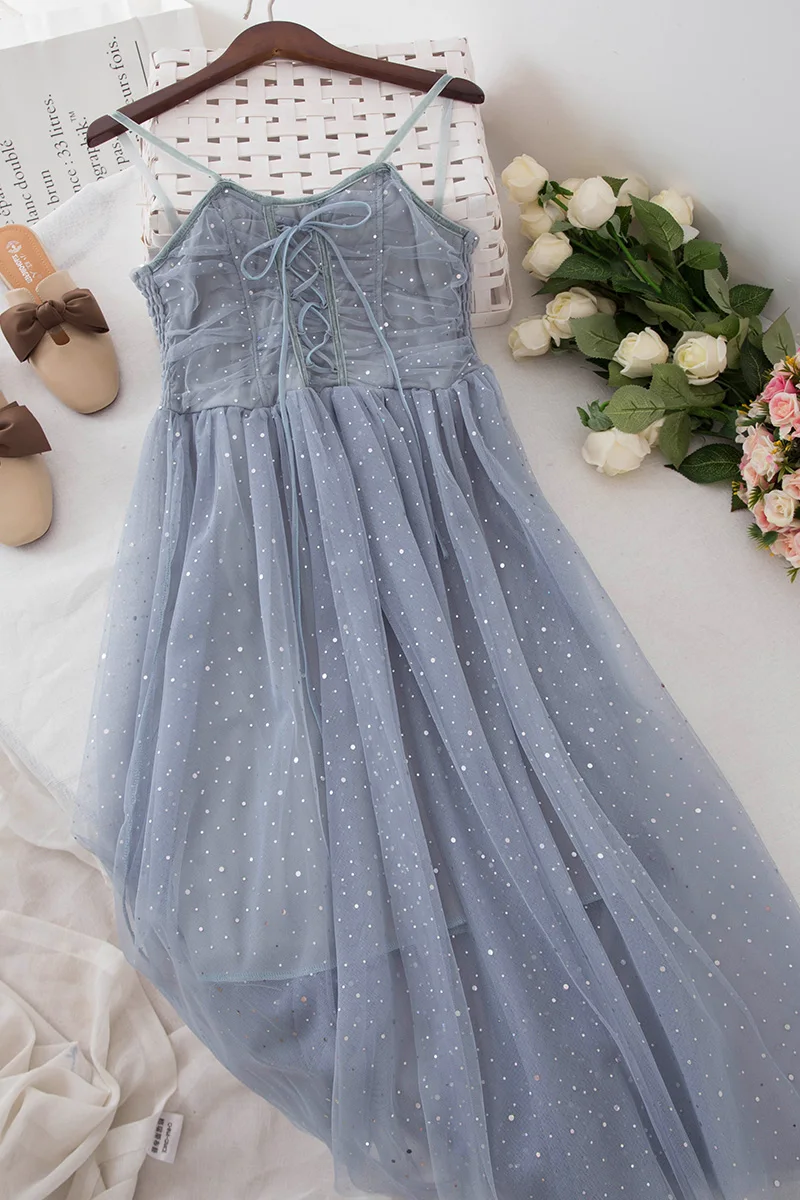 2019 New Women's Sundress Fashion High Quality Summer Female Clothes Thin Strap Bling Sweet Mesh Lace Dresses Pink Black | Женская