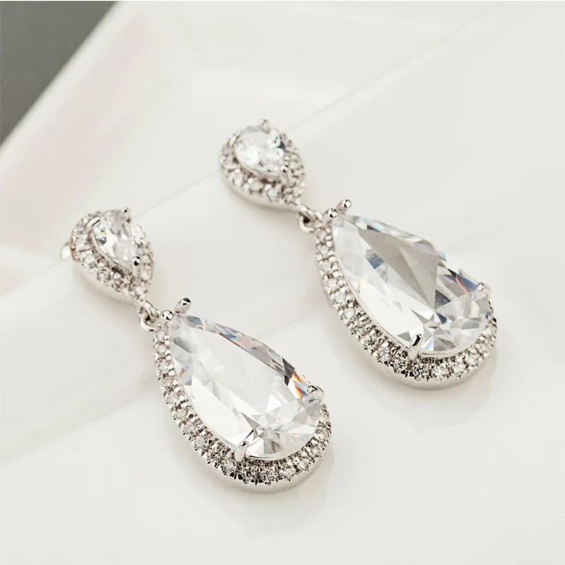 LUOTEEMI Elegant Teardrop Shape White CZ Stone Fashion Waterdrop Bridal Earrings for Sexy Lady Luxury Dinner Dress Accessories
