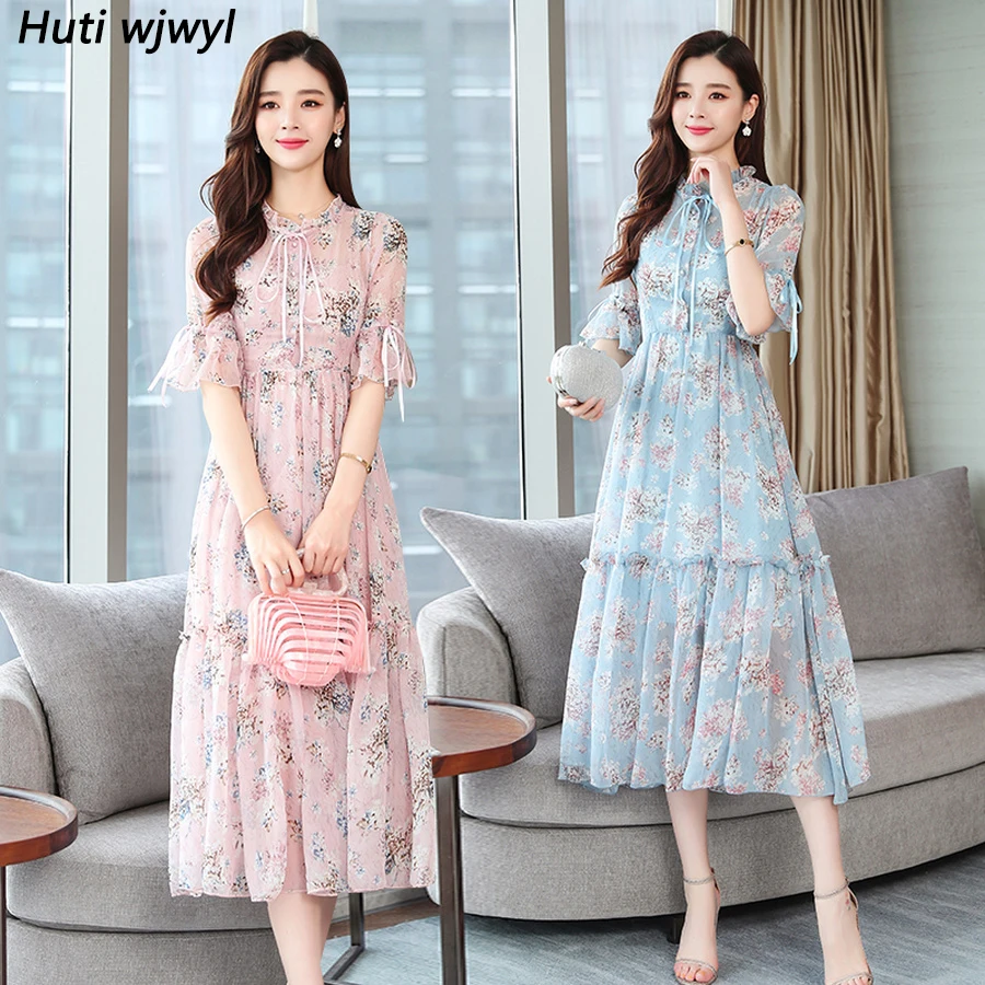 Женское шифоновое платье миди с цветочным принтом летнее Пляжное Платье макси