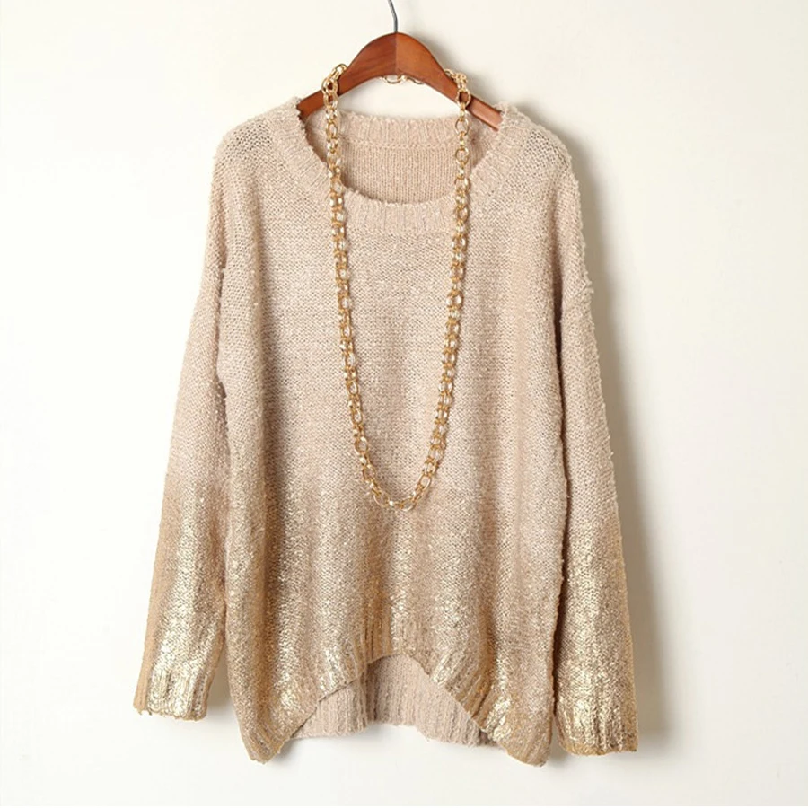 2015 New Winter Fashion Stylish Gold Hot Stamping Loose Long Sleeve Knitted Sweaters For Women Graduated Colors Pullovers | Женская