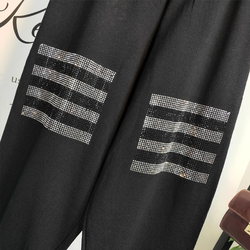 Горячей бурения Алмазная полосатый Для женщин Jogger Штаны Англия Стиль Высокая Талия шаровары Штаны весенние черные Повседневное вязаный пот Штаны