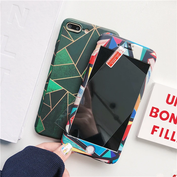 QINUO Full Cover Art painting Case for iPhone X XS Max XR Matte 5 6 6s 8 7 Plus Hrad PC With Tempered Glass Capa |