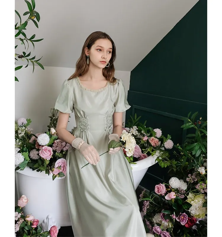 Летнее платье, женское, винтажное, элегантное, тонкое, повседневное, vestido de festa, Дамское, Бандажное, Ретро стиль, сатиновое, длинное платье с коротким рукавом и круглым вырезом
