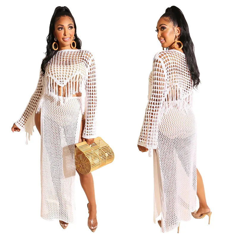 Сексуальное вязаное крючком Пляжное Платье макси с длинным рукавом женское