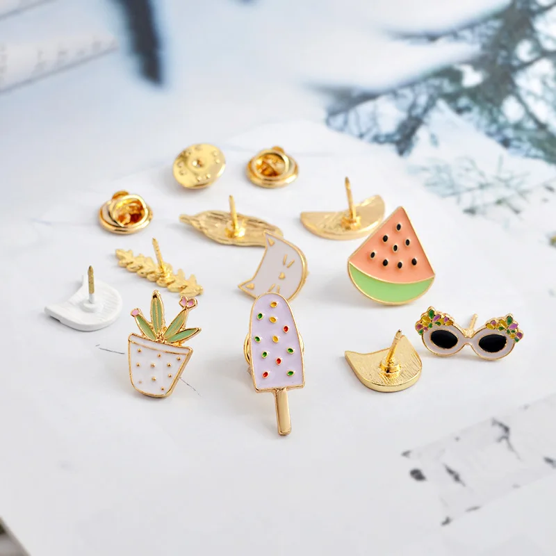 Creative cartoon enamel brooch watermelon lemon cactus cat sunglasses leaf badge kawaii pin needle ladies collar bag pins | Украшения и