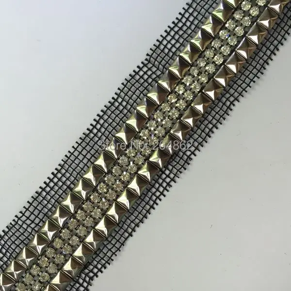 1 ярд винтажная Серебристая черная ткань в виде пирамиды 8 мм со стразами сетчатая