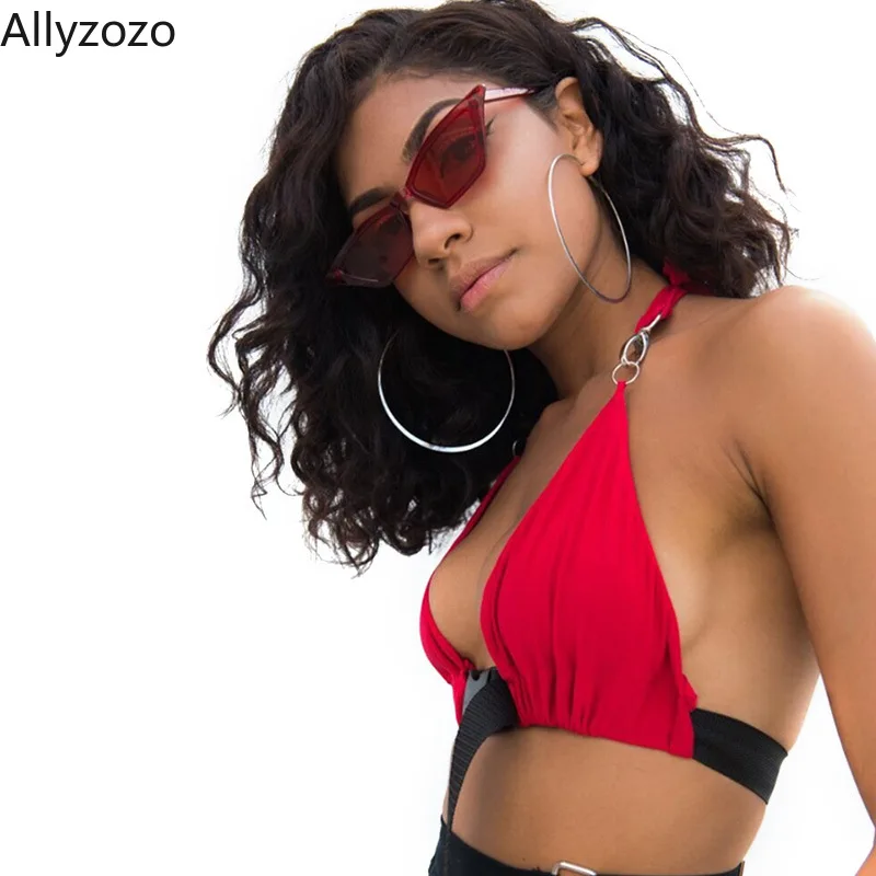 Allyzozo Sexy Halter Spaghetti Strap Tee Crop Tops Snake Print Deep V neck Lace Up Camis T shirts |