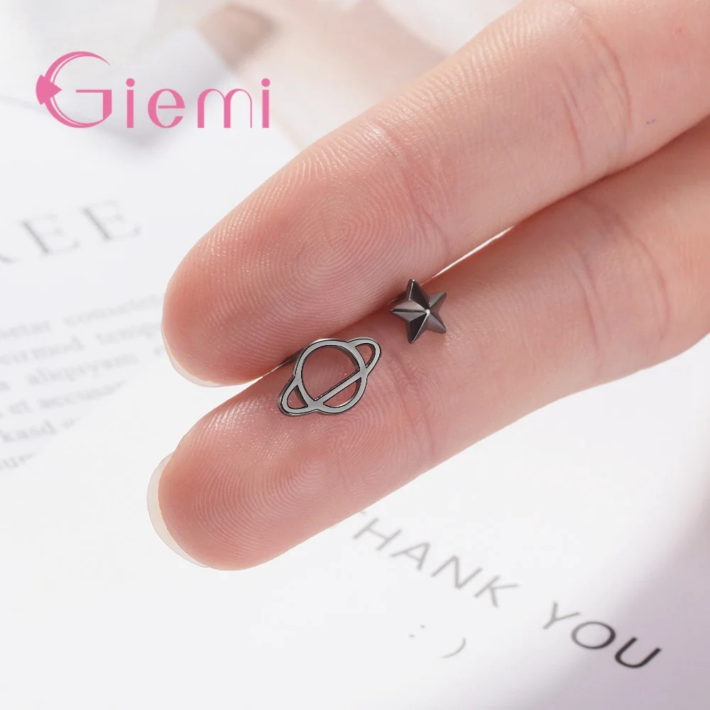 Universe Planet Saturn Black Trend Personality Creative 925 Silver Small Earrings Female Stars Asymmetric Stud Girl | Украшения и