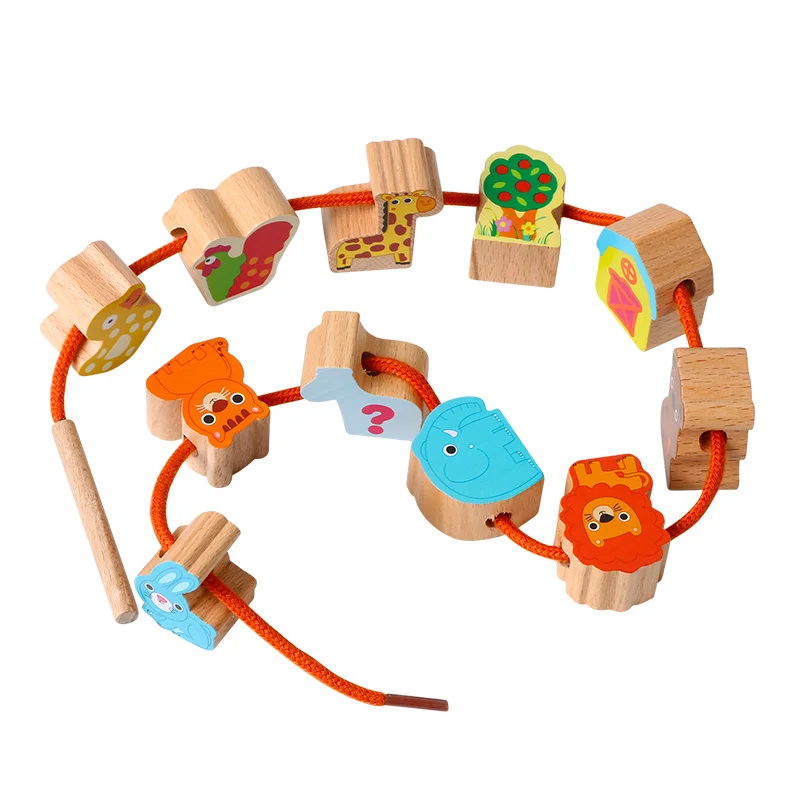 Wooden Toy Cartoon Animals Fruit DIY Toy Beads toy  Stringing Threading Beads Game Education Toy for Baby Kids Children