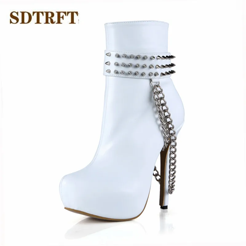 

SDTRFT Spring Autumn Fashion platforms botas mujer 14cm thin heels Martin Ankle boots Metal chain PUNK shoes Woman rivet pumps