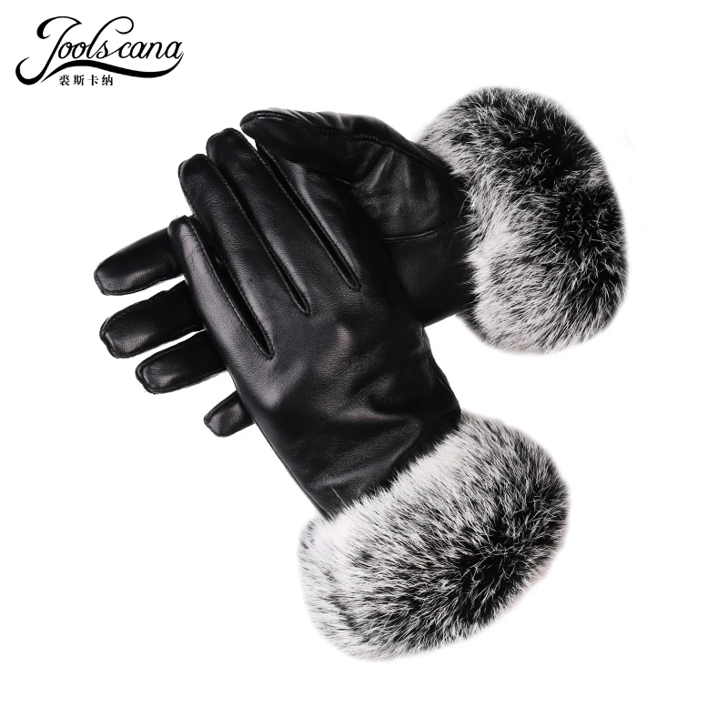 

JOOLSCANA winter women leather gloves real rabbit fur wrist touch screen glove Italian imported genuine sheepskin mitten warm