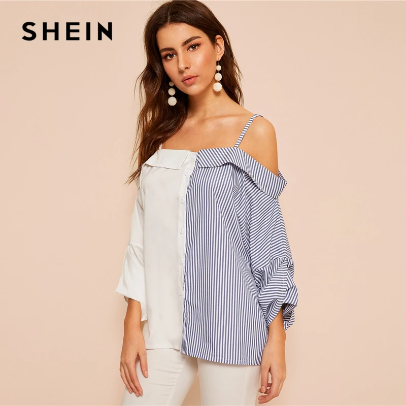 SHEIN Рубашка С Контрастным Полосатым Принтом И Открытыми Плечами Женские Весенние Многоцветные Богемные Блузки
