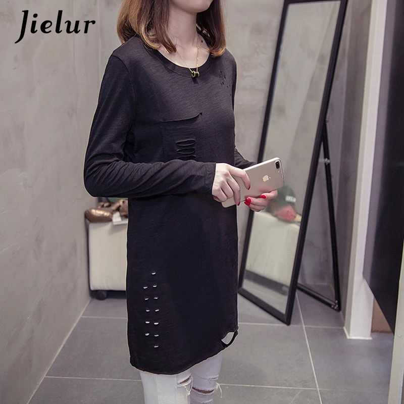 Jielur 2019 Осенняя модная женская футболка с дырками однотонные корейские свободные