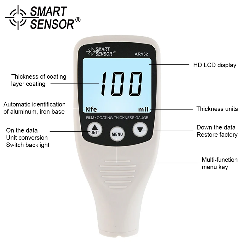 Smart Sensor AR932 цифровой Толщина датчик Краски покрытие Guage метр Диапазон 0-1500um F/N зонд