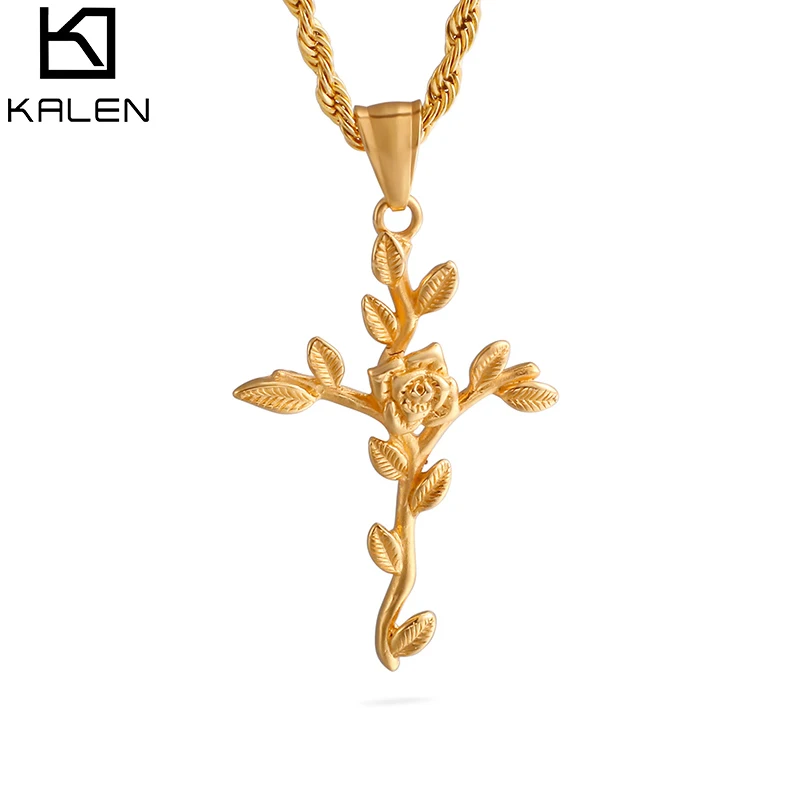 

Kalen Tri-Color Stainless Steel Necklaces For Womne Rose Flower Branch Pendant Necklaces Twisted Link Choker Jewelry Women Gifts