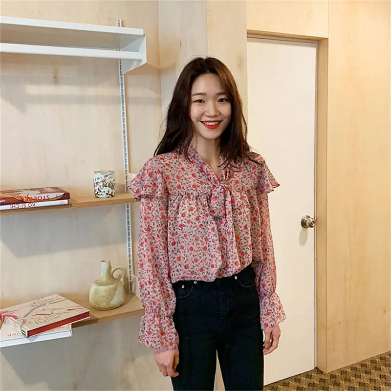 Hzirip New Bows Elegant Loose Free Simple Female Casual Stylish Sweet Bow Collar Slim Comfortable Print Preppy Style Shirt |