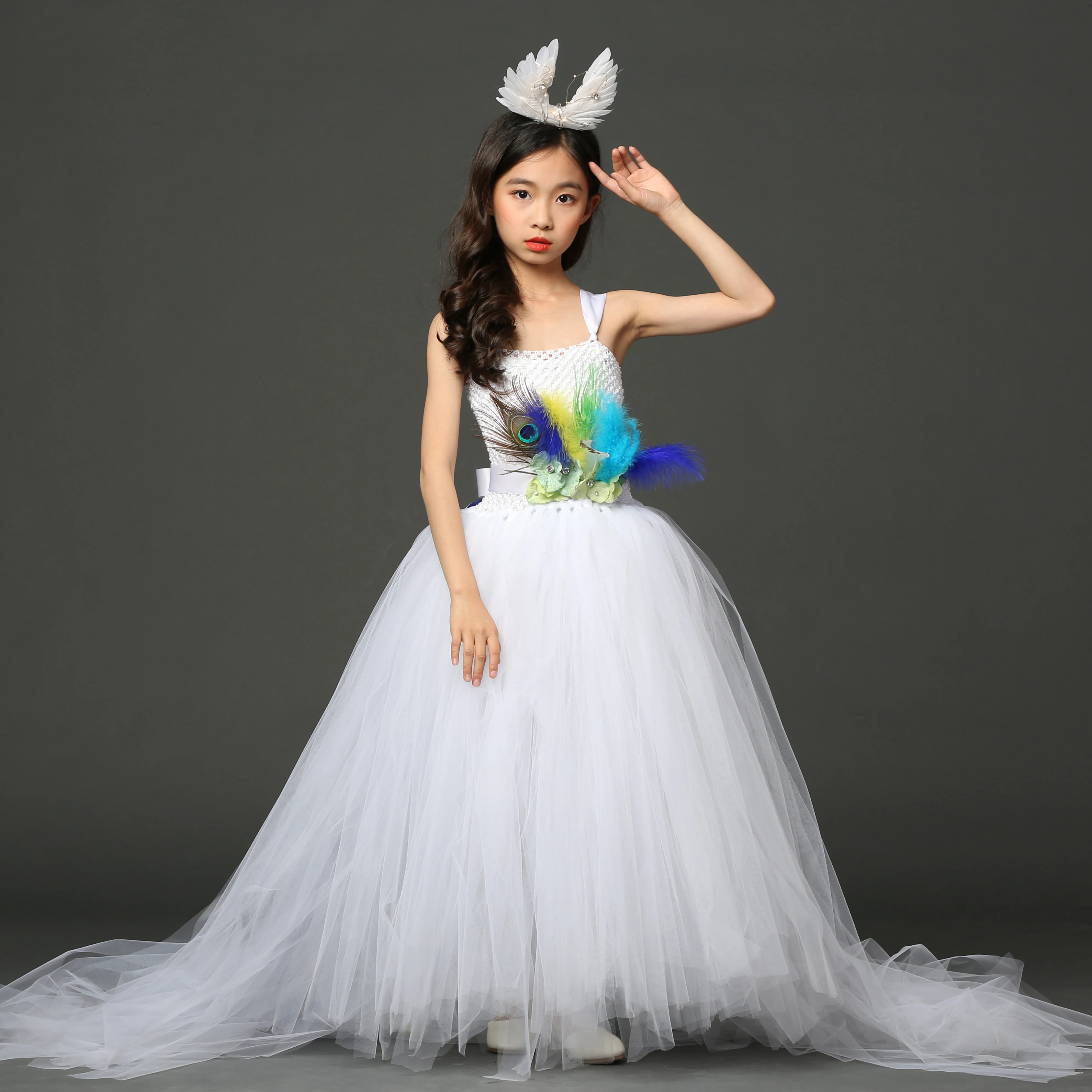 POSH DREAM Peacock Flower Girls Dress for Wedding Evening Children Princess Party Pageant Long Gown Kids Dresses | Детская одежда и