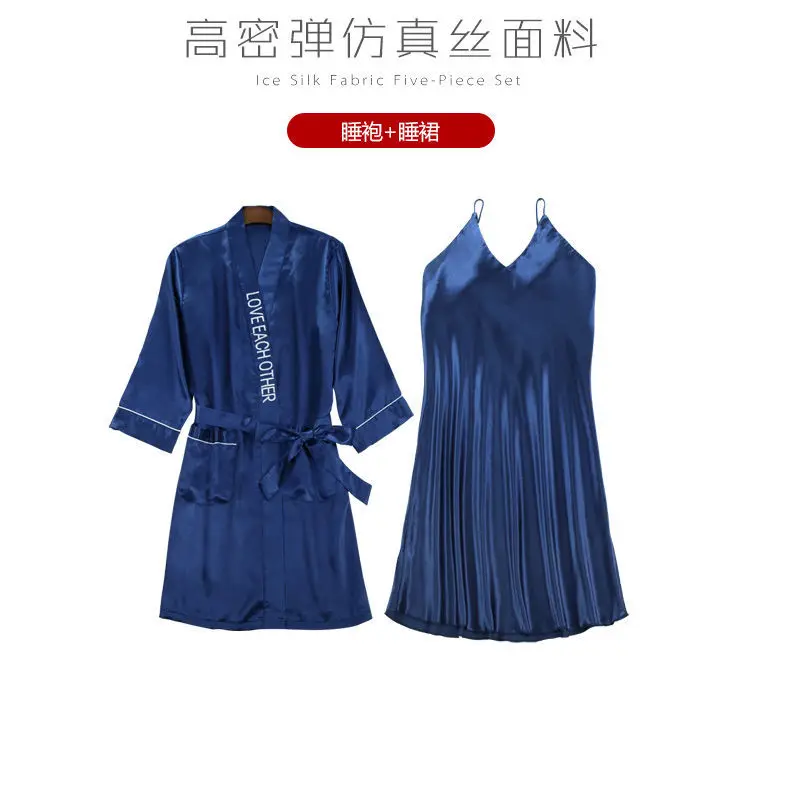 navy blue D Бордовые пижамы для женщин, сексуальные кружевные пижамы, атласные пижамы с шортами, 5 предметов, пижамы, костюмы, повседневная домашняя одежда - Цвет: navy blue D