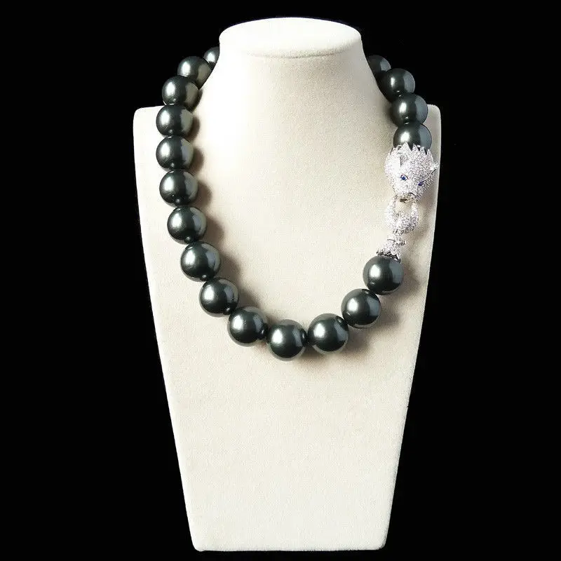 

FREE SHIPPING>>>@@ AS3414 18mm black green shell pearl inlay zircon leopard head LUXURY necklace