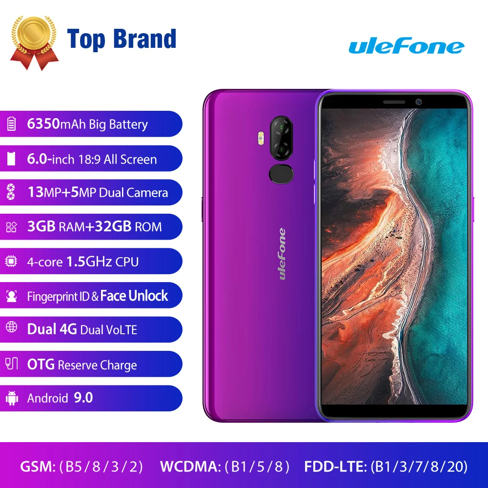 Смартфон Ulefone P6000 Plus Android 9 0 6350 мАч 6 дюйма распознавание лица HD + Двойная камера Ouad