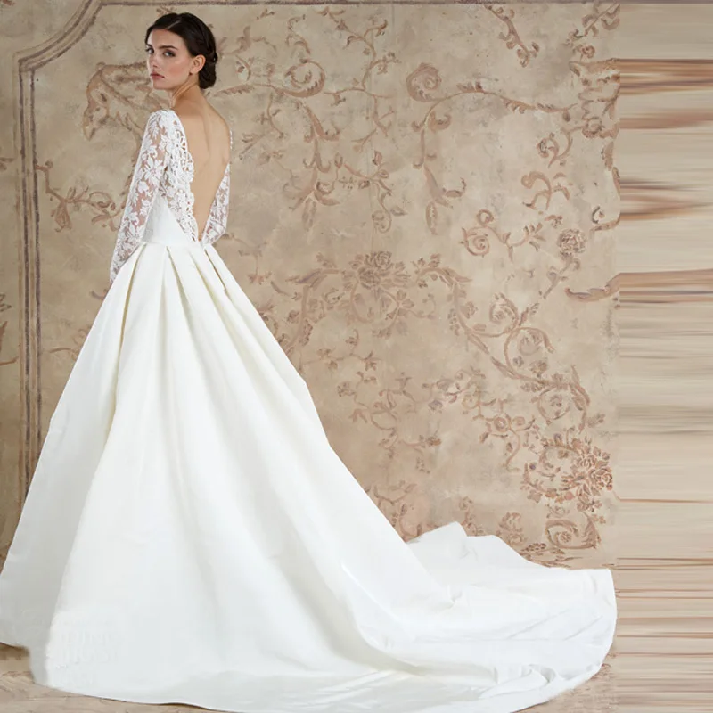 Sexy Design Satin V Neck Low Cut Backless Full Sleeves Custom Made A Line Bridal Wedding Gown 2016 Wholesale Online Dress | Свадьбы и
