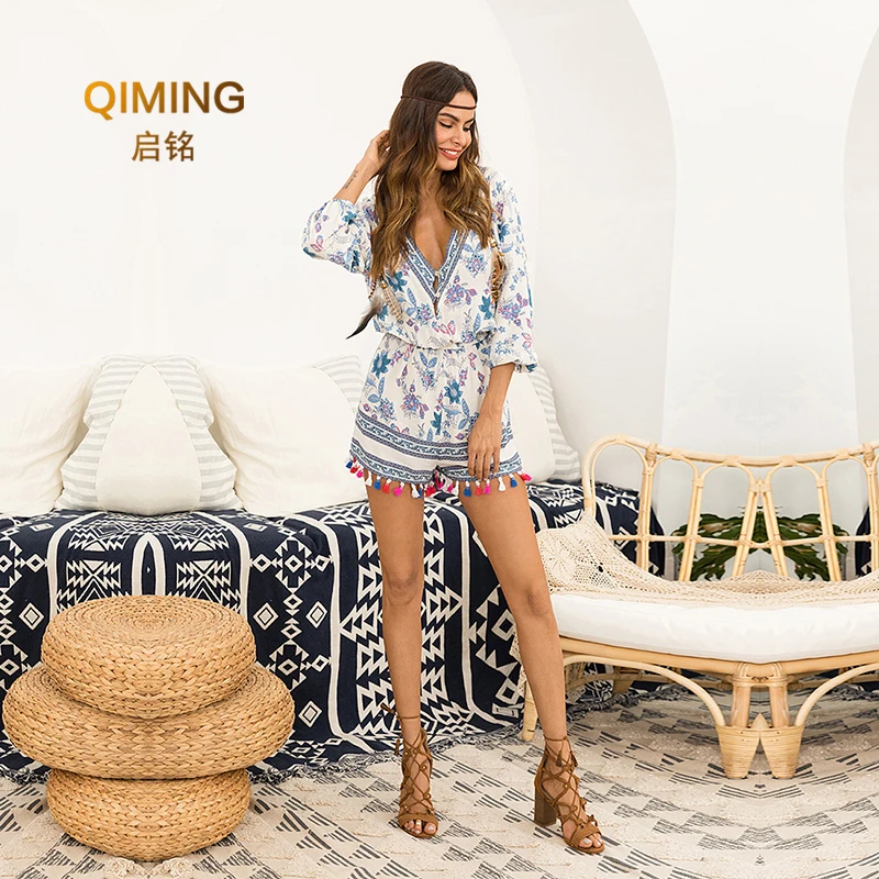 

New spring and summer women's V-neck print seven-point sleeves jumpsuit tassel casual shorts Beach Skirts Tassels white Bikini