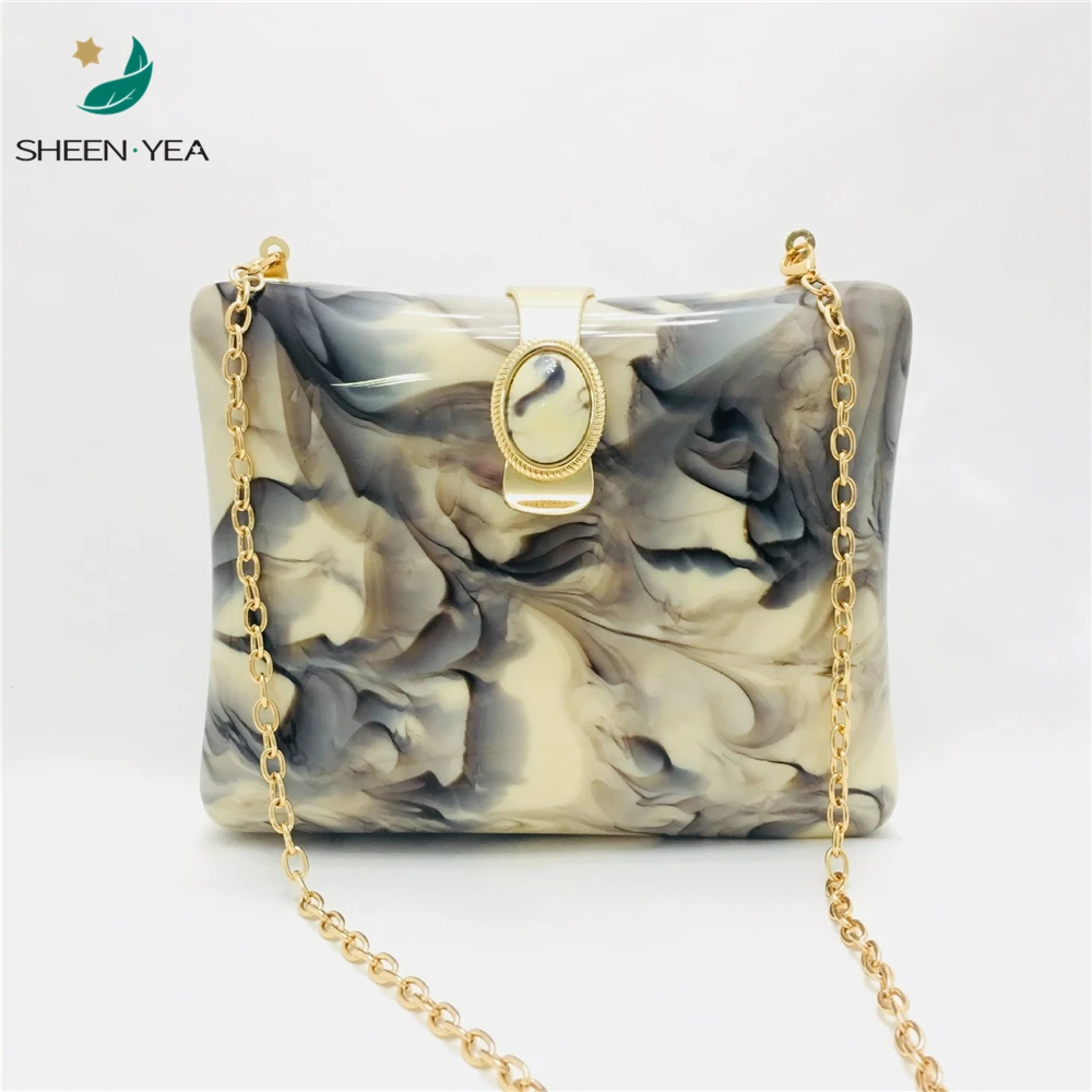 Brand designer acrylic evening bag vintage marble pattern clutch purse cute Elliptic hasp chains handbag mini wedding party prom