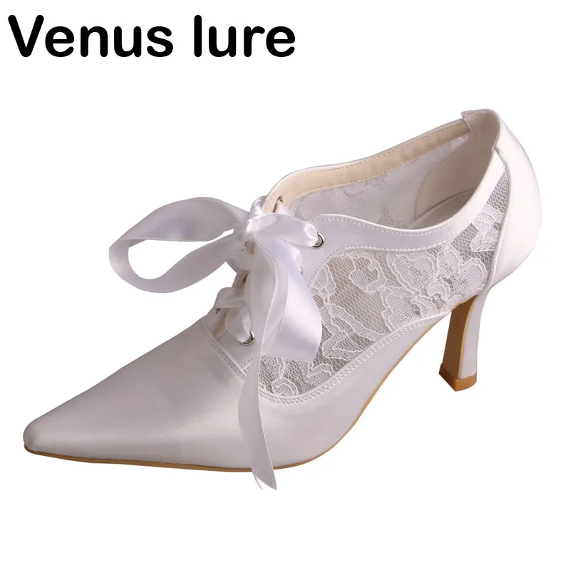 

Venus lure Lace-up Ankle Wedding Boots White Satin and Lace High Heel Bridal Shoes