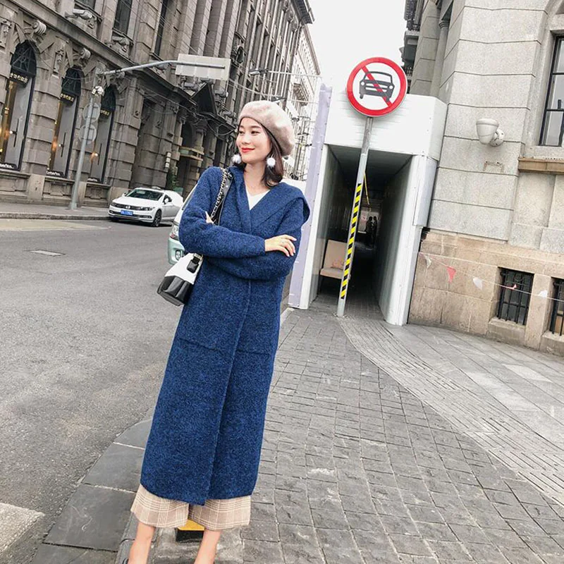 

High-end Sweater Coat Women‘s 2019 Autumn Winter Thick Sweater Coats Windbreaker Long Fashion Knit Hooded Cardigan Outerwear 107