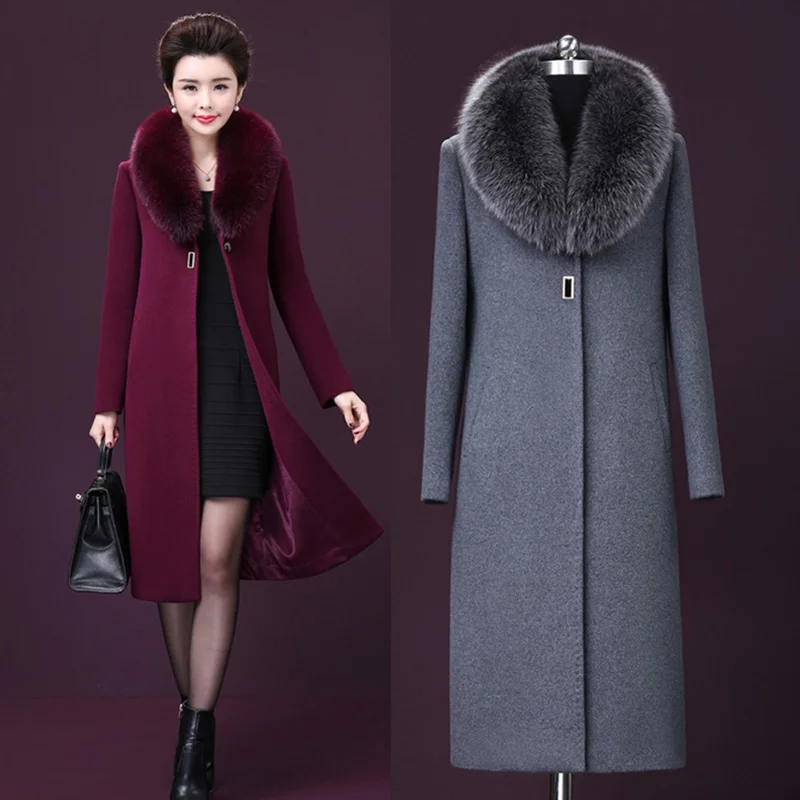 

Женское длинное шерстяное пальто, элегантное кашемировое пальто с воротником из искусственного меха, 6 шт., Осень-зима 2022