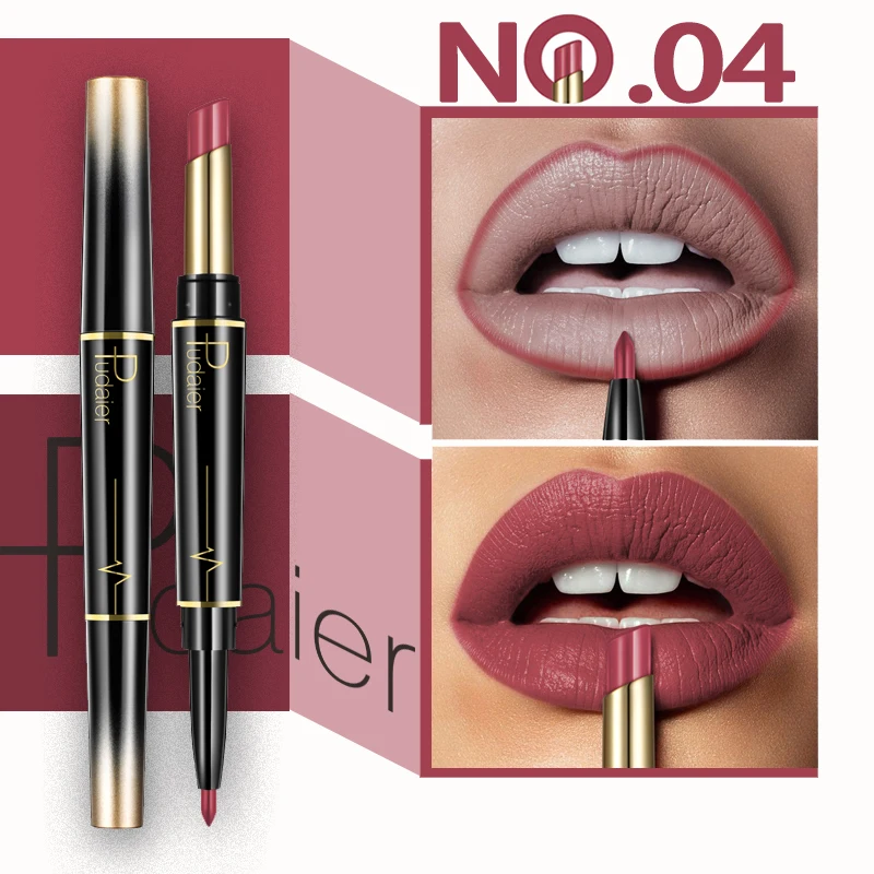 Color 04 Pudaier, 1 шт., 16 цветов, двойная головка, модный карандаш для губной помады, водостойкий макияж, полуматовый карандаш для губ, бархатные Жидкие помады - Цвет: Color 04