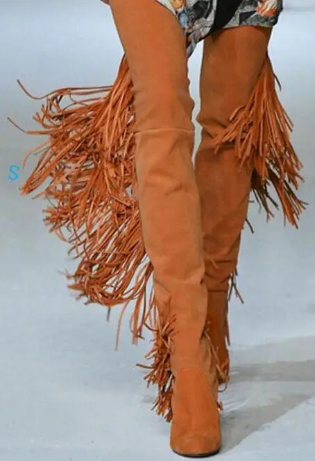 Fashion Orange Suede Leather Women Over The Knee Boots Sexy Fringe Back Ladies Chunky Heel Point Toe Female Knight | Обувь