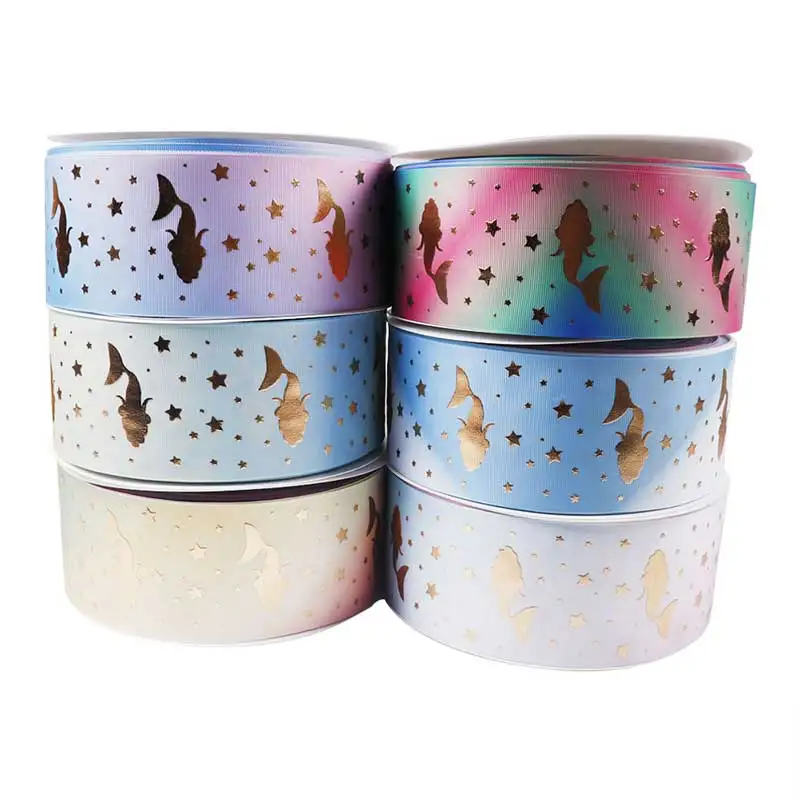 

Mermaid Bronzing Ribbons 75mm Width 2Yards/lot Wedding Decoration Printed Grosgrain Ribbons Cinta Single Face Polyester