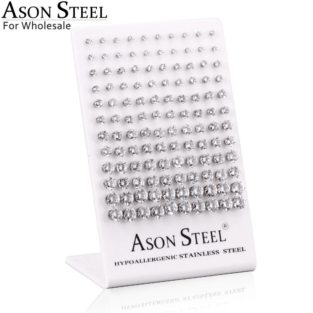 ASON steel 60 пар/лот,, прозрачные серьги-гвоздики, круглые гипоаллергенные серьги из нержавеющей стали, размер 3-8 мм(каждый размер 10 пар
