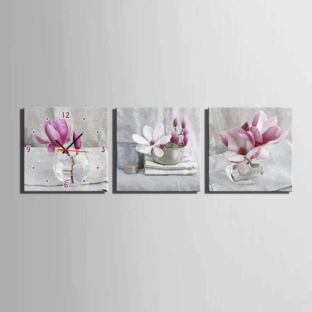 

Free Shipping E-HOME Pink Jade Orchid In A Glass Clock in Canvas 3pcs wall clock