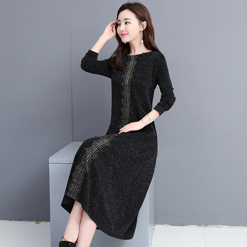 

Spring Fall Vintage Women Black Glitters Lace Patchwork Long Sleeve Dress , 2019 New Arrvial Womens Slim 4xl 5xl Dresses Clothes